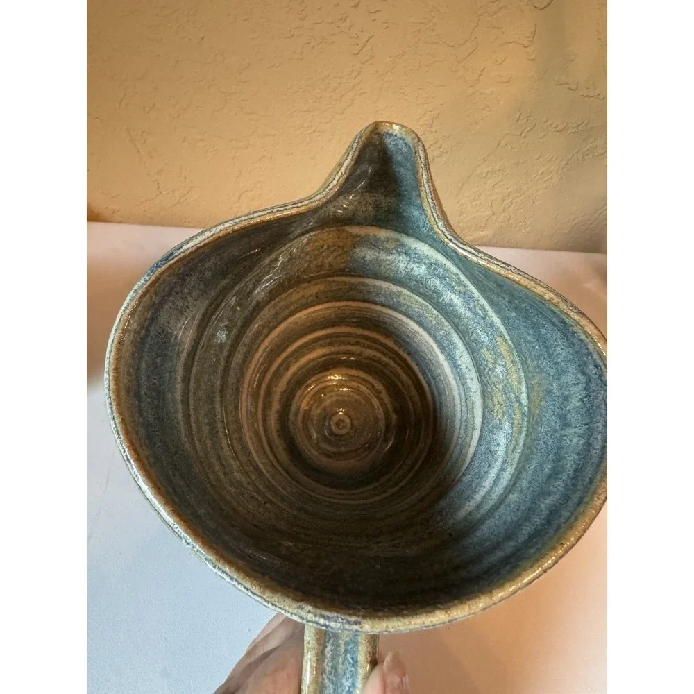 Signed Studio Art Pottery Pitcher Blue Green Earth Tone Glaze 2003 Jug